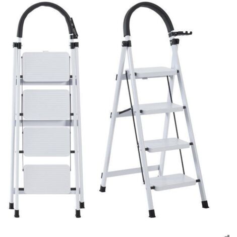 Seven Comfort-Escabeau 4 marches(Seul)-Pliant-Stabilité et sécurité optimales-chargé 150KG-En Acier-Blanc