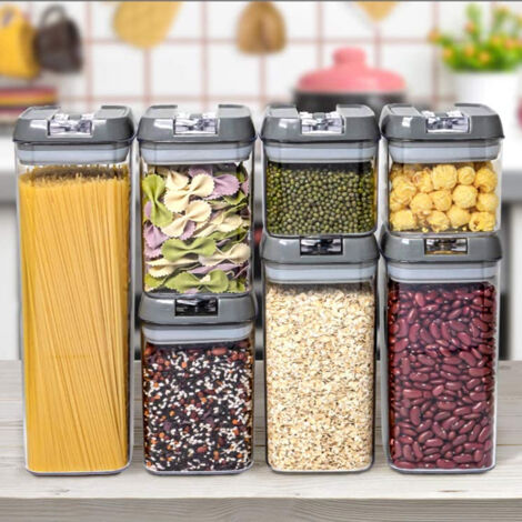 Seven-piece Kitchen Storage Box with Glossy Gray Lid and Transparent Plastic