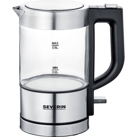 Bouilloire électrique 0,5 L 1100 W en verre et inox – Socle 360° sans fil – Filtre anticalcaire amovible – Argent – Severin