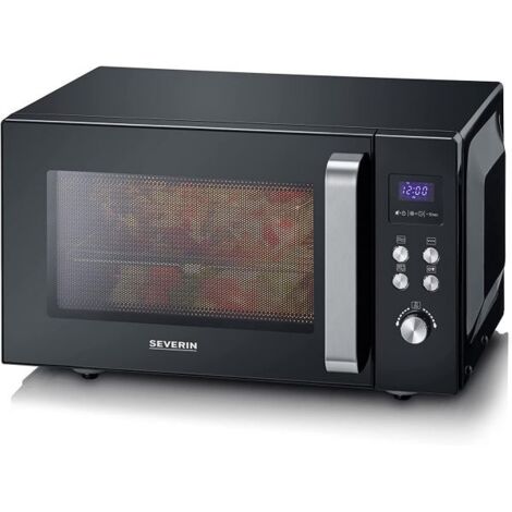 Severin mw7763 forno a microonde 2 in 1 con fondo in ceramica e grill, capacità 20 l, forno a microonde per scongelare e riscaldare, con grande superficie utile per stoviglie quadrate, nero/acciaio in