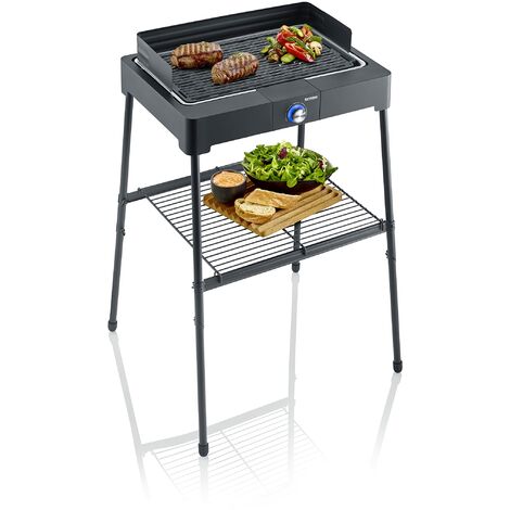 SEVERIN PG 8568 Barbecue elettrico 2200W in alluminio pressofuso con stand con mensola, Grill elettrico con piastra scanalata, Griglia da tavolo per interni ed esterni, Nero