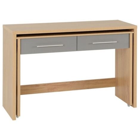 Seville 2 Drawer Slider Desk - L86 x W120 x H83 cm - Grey High Gloss/Light Oak Effect Veneer