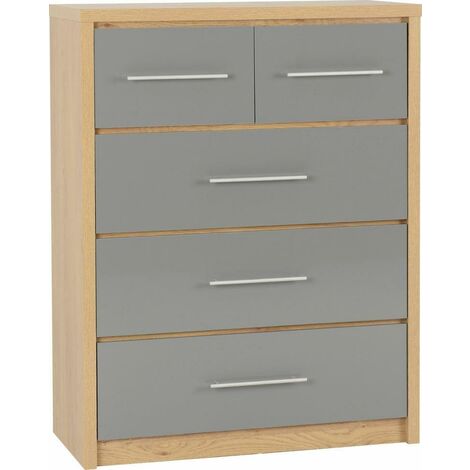 Seville 3+2 Drawer Chest - L39.5 x W85 x H110.5 cm - Grey High Gloss/Light Oak Effect Veneer