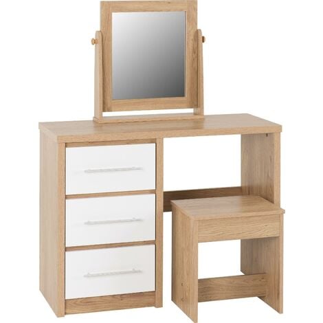Seville 3 Drawer Dressing Table Set White High Gloss/Light Oak Effect Veneer