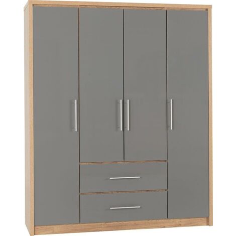 Seville 4 Door 2 Drawer Wardrobe - L47 x W148.5 x H179.5 cm - Grey High Gloss/Light Oak Effect Veneer