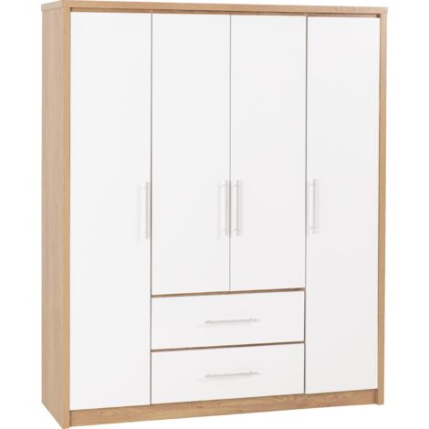Seville 4 Door 2 Drawer Wardrobe Light Oak Effect Frame with White Gloss Doors