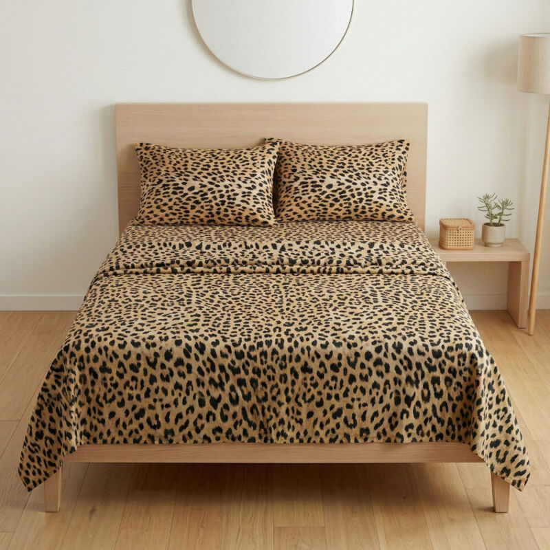 Ensemble de draps Safari Leopard 100 % coton fabriqué en Italie – ci-dessous avec des coins H 25 cm 1 carré et demi