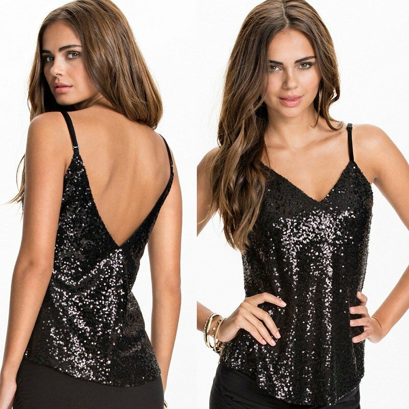

Sexy mujer lentejuelas camiseta sin mangas con cuello en V correa de espagueti solido metalico brillante chaleco Clubwear negro,Negro, L