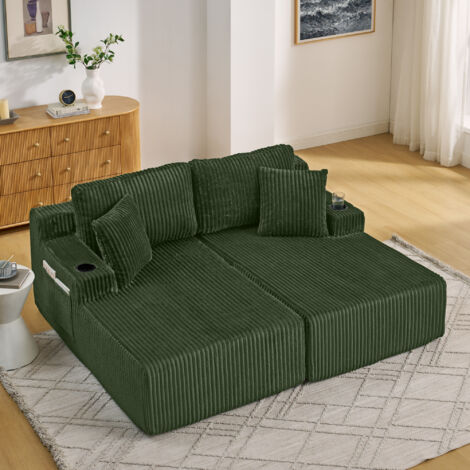 Seyakany Canapé 2 places en velours côtelé avec rangement latéral et porte-gobelets,Vert