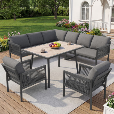 Seyakany Ensemble salon de jardin pour 7 à 8 personnes,canapé d'angle en L,1 table basse en verre imitation bois,2 fauteuils tressés à la main(Gris)