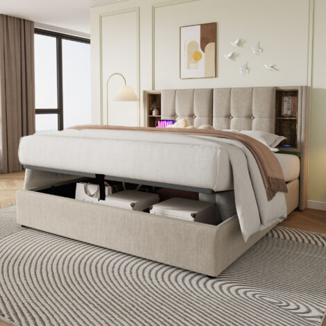 Seyakany - Lit double capitonné 160x200 cm, lit coffre - chargement sans fil, ports USB-Typ C, rangement ressort gaz - Naturel