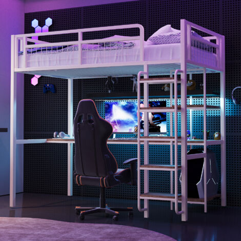 Seyakany  - Lit mezzanine métal 90x200  - Bureau intégré + étagères, échelle de sécurité, barrière grillagée  - Blanc