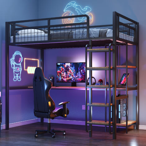 Seyakany  - Lit mezzanine métal 90x200  - Bureau intégré + étagères, échelle de sécurité, barrière grillagée  - Noir