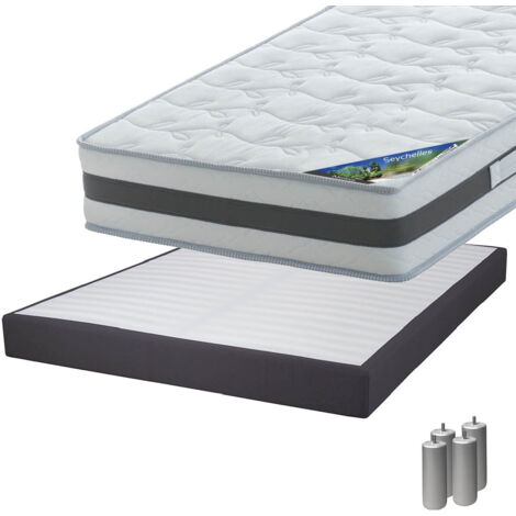 SEYCHELLES - Pack Matelas 140x190 + Sommier Tapissier Démontable 2x20 Lattes Anthracites + Pieds Argent 15cm