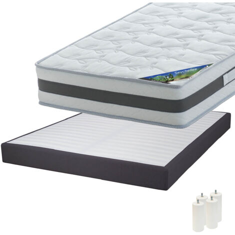 SEYCHELLES - Pack Matelas 140x190 + Sommier Tapissier Démontable 2x20 Lattes Anthracites + Pieds Blancs 15cm