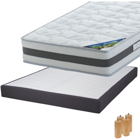 SEYCHELLES - Pack Matelas 140x190 + Sommier Tapissier Démontable 2x20 Lattes Anthracites + Pieds Bois 15cm