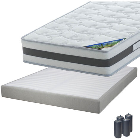 SEYCHELLES - Pack Matelas 140x190 + Sommier Tapissier Démontable 2x20 Lattes Lin + Pieds Anthracites 15cm