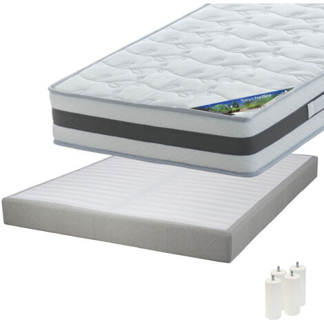 SEYCHELLES - Pack Matelas 140x190 + Sommier Tapissier Démontable 2x20 Lattes Lin + Pieds Blancs 15cm