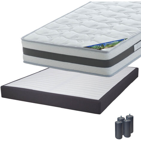 SEYCHELLES - Pack Matelas 160x200 + Sommier Tapissier Démontable 2x20 Lattes Anthracites + Pieds Anthracites 15cm