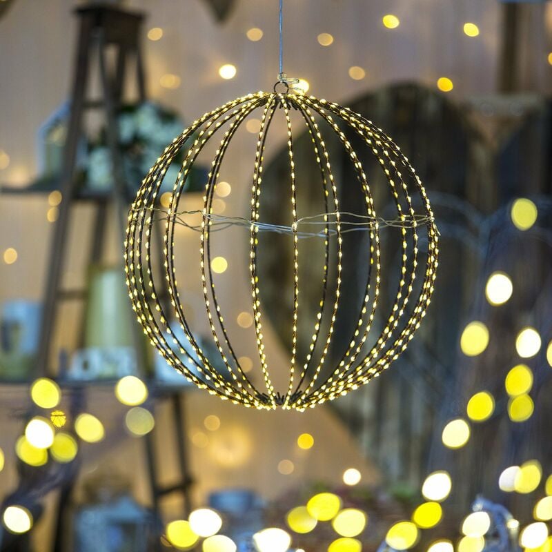 Image of Sfera luminosa filo ramato con microled bianco caldo per esterno decorazione natalizia -Ø30 cm