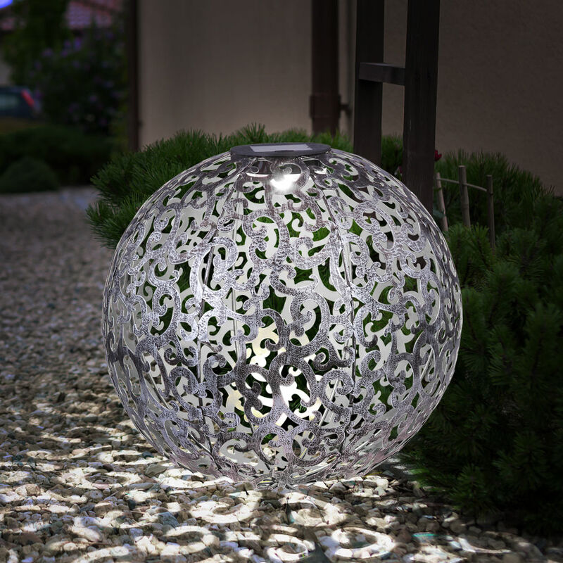 Image of Sfera luminosa solare effetto luce sfera esterna luce sfera sfera solare picchetto, metallo argento antico, led bianco caldo, DxH 28,5x40 cm