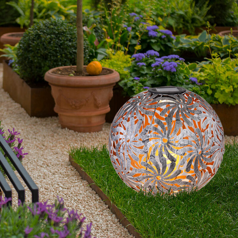 Image of Sfera solare per esterni, lampada solare, argento/grigio, lampada plug-in, giardino, sfera orientale, con effetto luce e picchetto, 1x led 3000