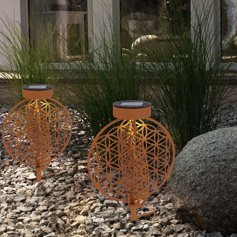 Image of Etc-shop - Sfera solare ruggine per esterno, luce solare ruggine, lampada solare da giardino con picchetto, effetto luce motivo fiore della vita, 1x