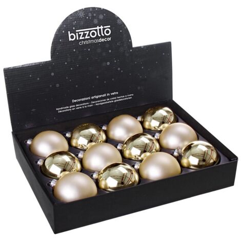 Sfere in vetro decorate, color Champagne, confezione mista -12 palline Ø 8 cm