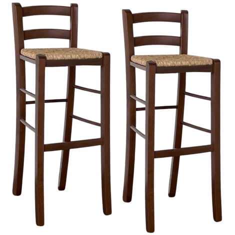 Sgabelli alti da bar set da 2 in legno noce scuro h 80 cm con seduta in paglia