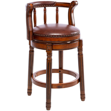 Sgabelli da Bar 54.8x54.8x86 cm, Girevoli 360° con Schienale, Cuscino, in Legno e Pelle di Mucca, Marrone, per Cucina