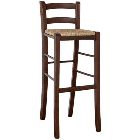 Sgabello alto da bar in legno noce scuro h 80 cm con schienale seduta in paglia