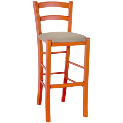Sgabello Alto in Legno arancione h 73 cm con seduta similpelle tortora