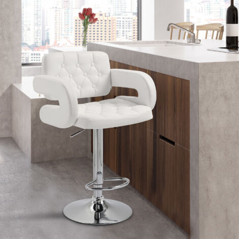 Sgabello Bar con Altezza Regolabile, Sgabello Cucina Alto in PU con Schienale, Poggiapiedi, Braccioli e Seduta Morbida, Struttura in Acciaio, Girevoli a 360°, per Penisola, Bianco
