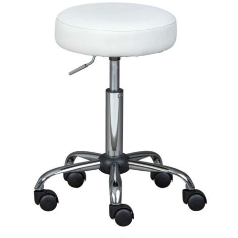 SGABELLO CON RUOTE MULTIUSO IN METALLO CROMATO ED PU IMBOTTITO BIANCO. ELEVAZIONE A GAS . DIM. 33X33X50-66 CM