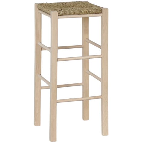 Sgabello da bar h 70 cm in legno da dipingere con sedile in paglia quadrato