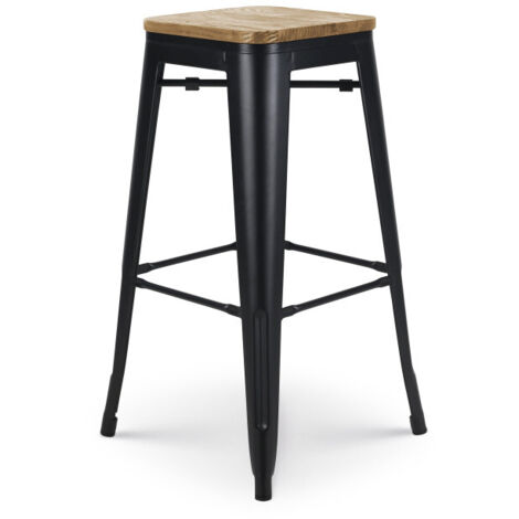 Sgabello da bar in metallo nero opaco in stile industriale e seduta in legno chiaro - Altezza 76 cm
