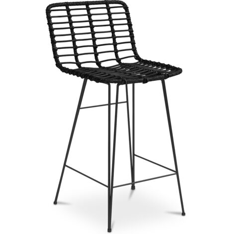 Sgabello da bar in vimini con schienale - Design Boho Bali - 75 cm - Catori Nero