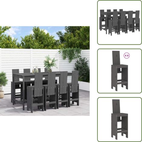 Sgabello da bar - vidaXL Set Bar da Giardino 9 pz Grigio in Legno Massello di Pino - Mobili da giardino
