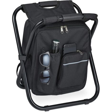 Sgabello da campeggio nero con tasca, pieghevole, portatile, leggero, 42x35x29 cm, sedile trasportabile, in poliestere
