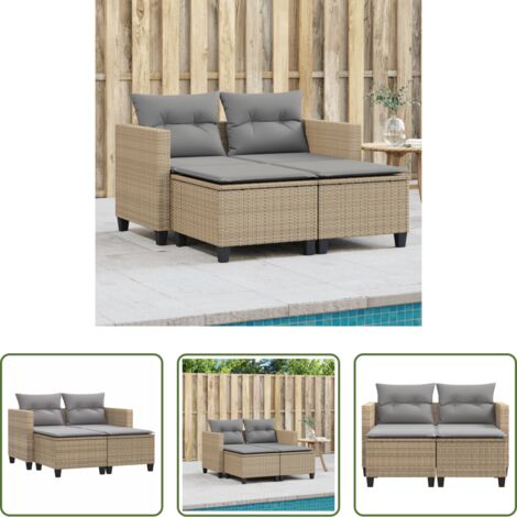 Sgabello da giardino -  Divano da Giardino 2 Posti con Sgabelli Beige in Polyrattan