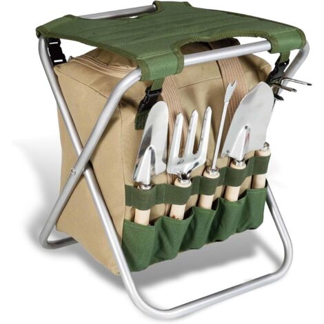 Sgabello da giardino pieghevole - Set di attrezzi - Borsa portaoggetti con cerniera - Include 5 attrezzi con telecomando in legno