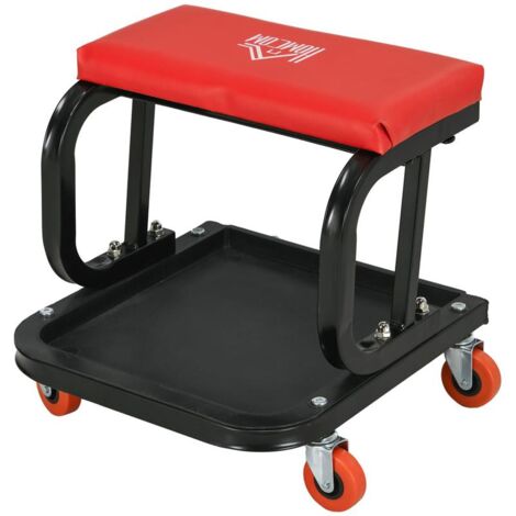 SGABELLO DA OFFICINA IMBOTTITO CON RUOTE E VASSOIO PORTA ATTREZZI IN ACCIAIO E PU. 38X35X37CM. ROSSO