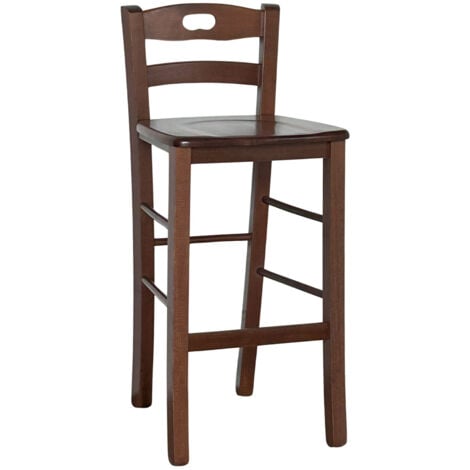 Sgabello di legno con schienale h66 cm con manico con seduta massello noce scuro