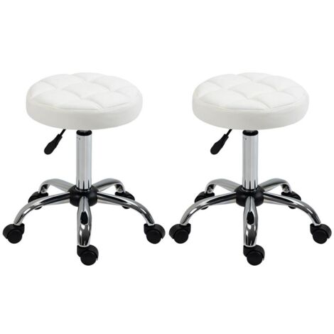SGABELLO GIREVOLE ROTONDO CON RUOTE. ALTEZZA REGOLABILE E RIVESTIMENTO IN FINTA PELLE. BIANCO