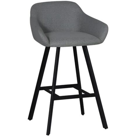 Sgabello Imbottito in Tessuto Grigio Cenere con Gambe in Metallo Nero