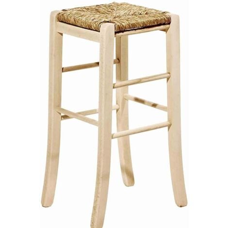 Sgabello in legno grezzo h 67 cm con seduta quadrata in paglia e piedi sciabola