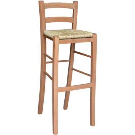 Sgabello in legno H 80 cm noce chiaro con schienale e seduta in paglia