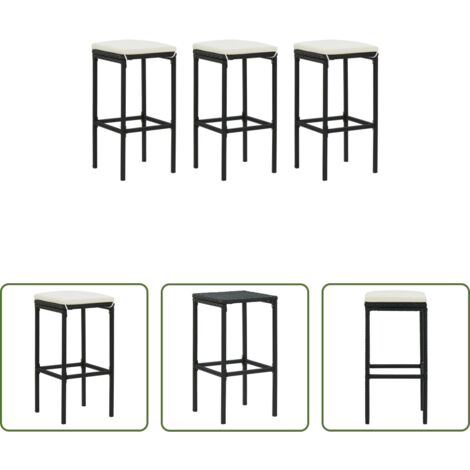 Sgabello in rattan -  Sgabelli da Bar con Cuscini 3 pz Neri in Polyrattan