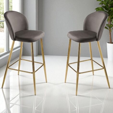 Sgabello in velluto Grigio con struttura in metallo Oro MEGAN 2 pezzi
