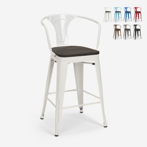 sgabello industriale h68cm schienale top legno steel wood back - Bianco
